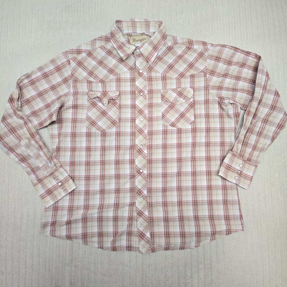 Vintage Wrangler Pearl Snap Shirt Mens 2XL Brown White Plaid Long Sleeve Western